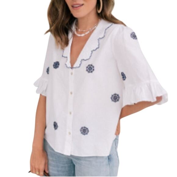 Zara Kara Top White with Blue Embroidery XS Button Front Boxy Peter Pan Collar - Picture 10 of 10